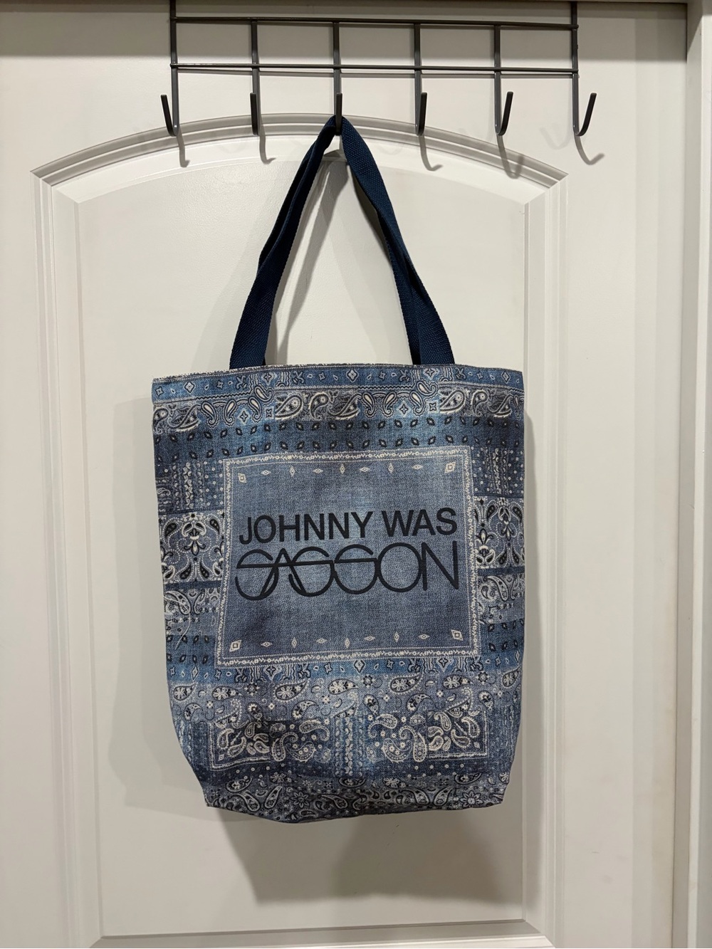 Johnny Was Blue Bandana-Print Canvas Tote with Navy Straps